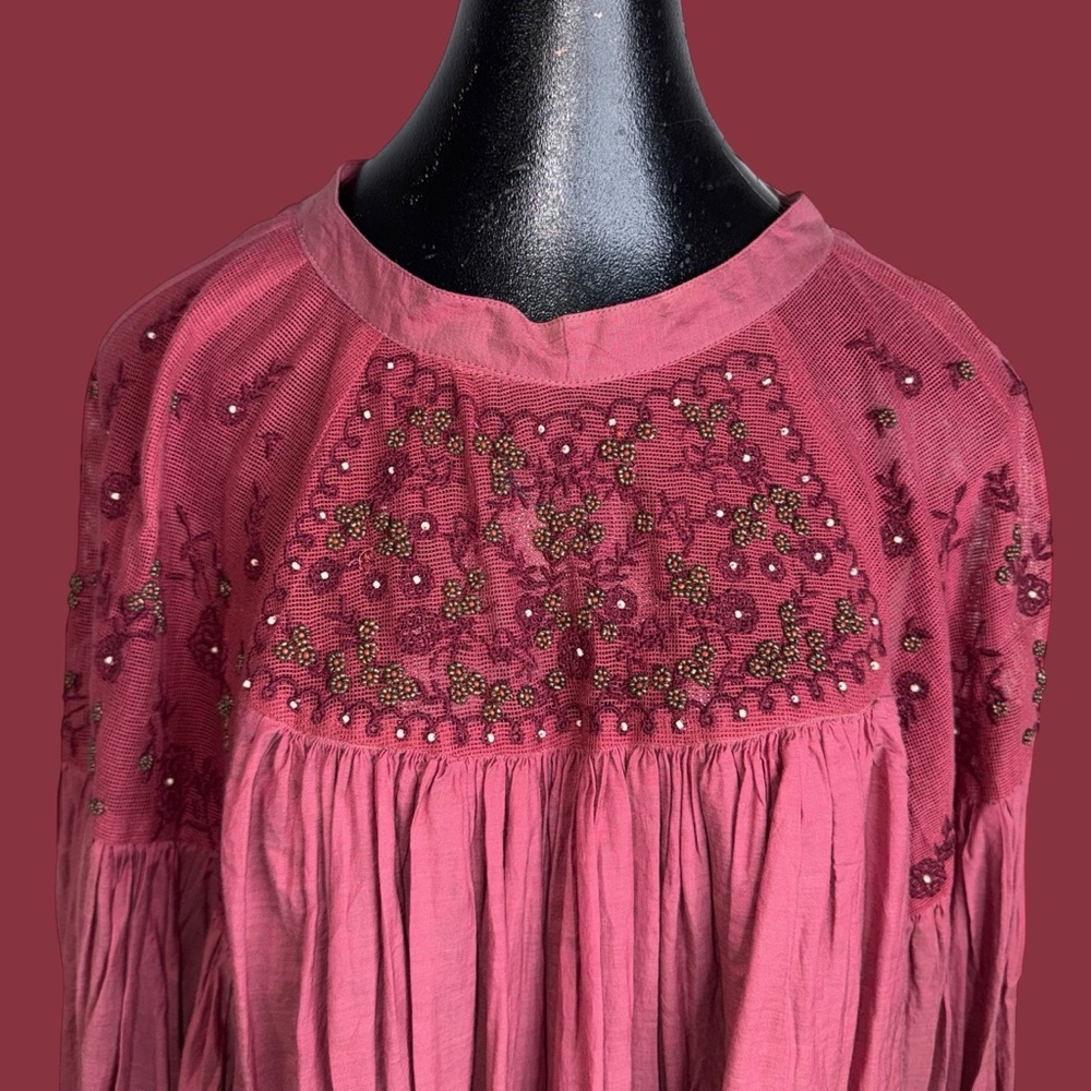 Free People Mesh Beaded Embroidered Balloon Sleeve
Tie Back Blouse. - Picture 7 of 16
